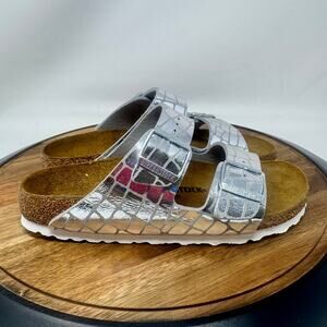 Birkenstock Arizona Gator Gleam Silver Slides Narrow Size 38 Women's 7